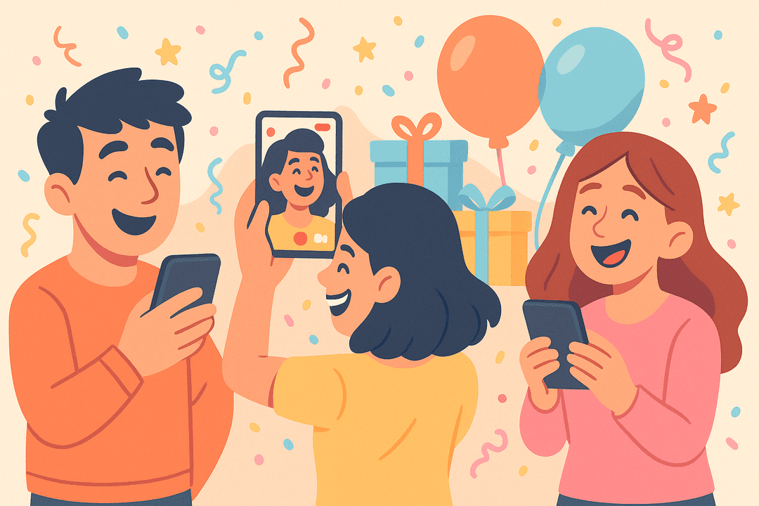Users recording messages and celebrating